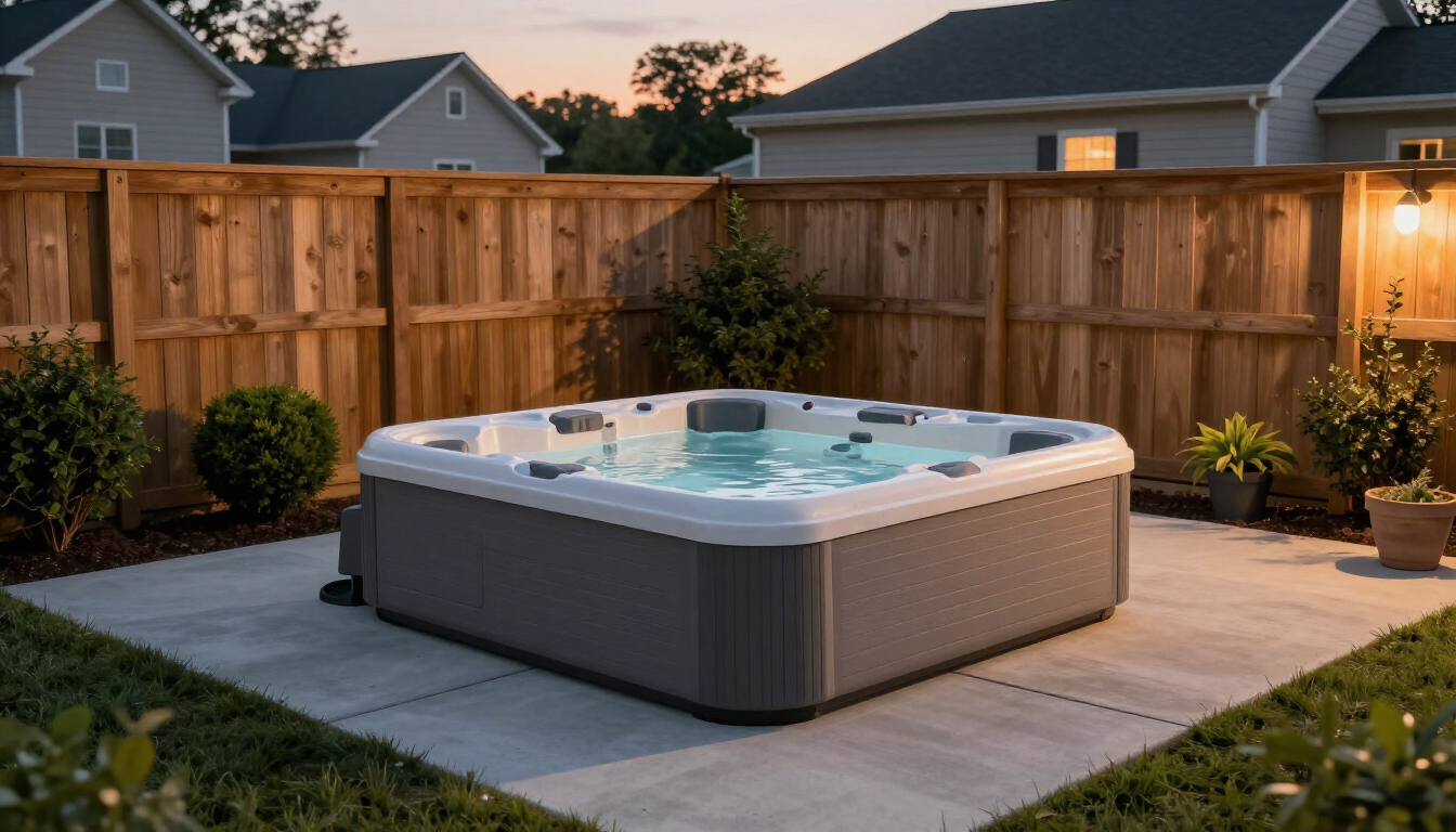 Backyard hot tub on a concrete patio beside a wooden privacy fence at dusk
