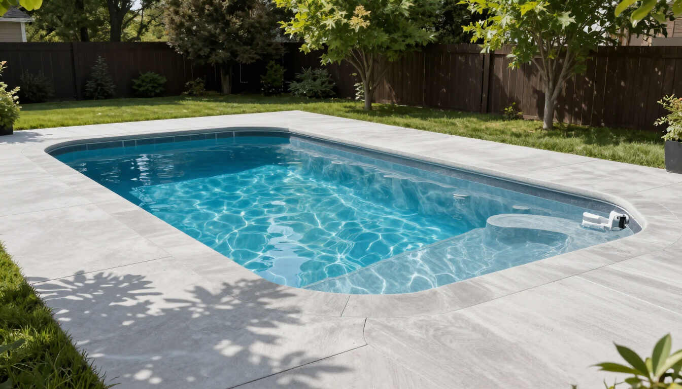 Backyard swimming pool with blue water, white patio, and surrounding trees and fence