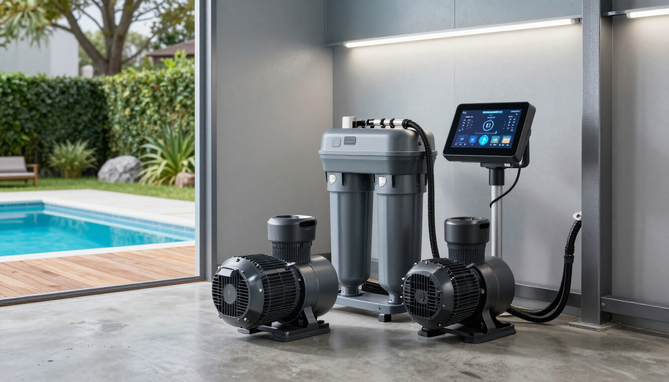 Pool filtration and pump system with digital control panel in a clean indoor utility space, beside a pool
