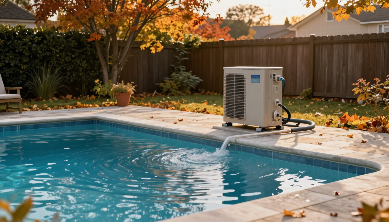 Backyard swimming pool with a portable pool heater beside the water in autumn.
