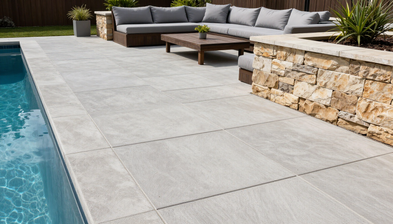 Modern backyard patio beside a pool, with gray seating, a coffee table, and a stone wall.