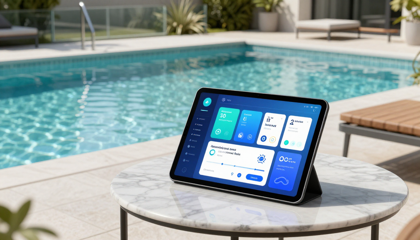 Tablet on a round table beside a swimming pool, showing a home control dashboard.