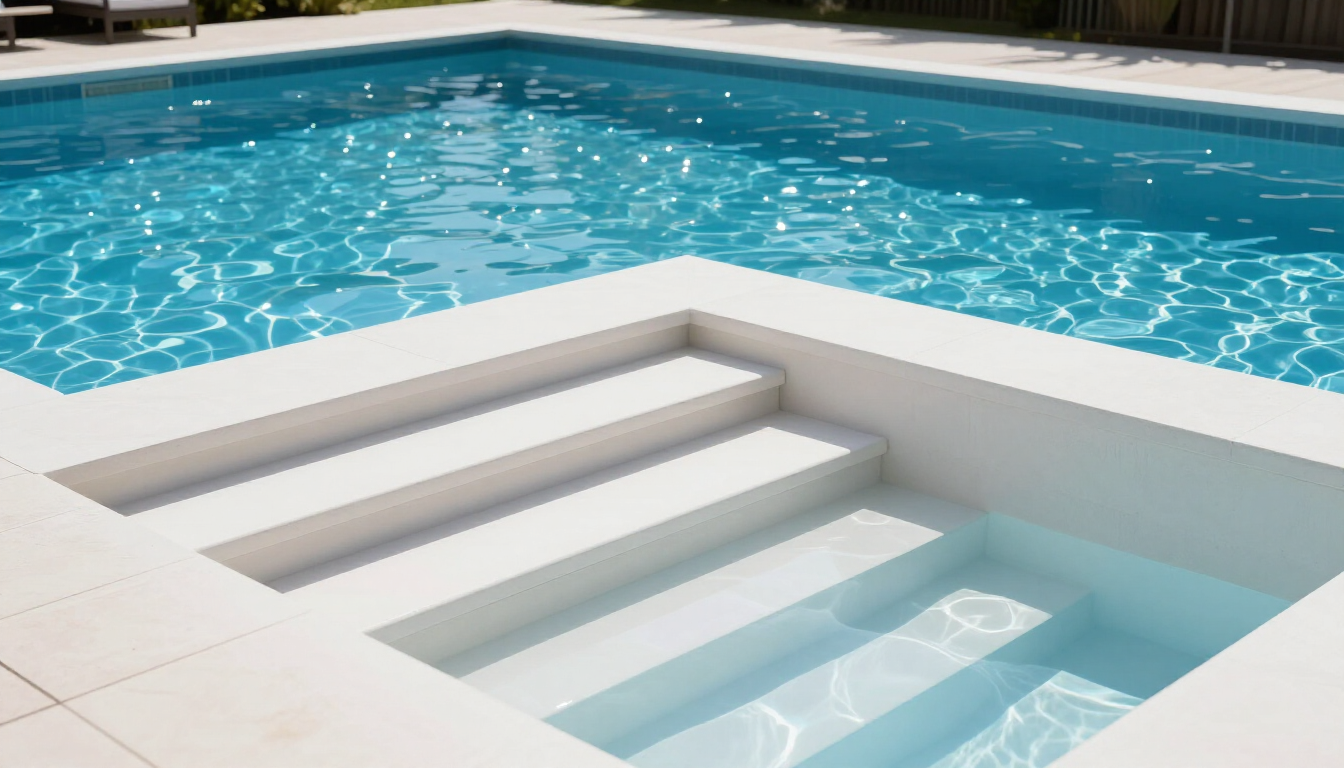 White pool steps descending into a turquoise swimming pool with clear water.