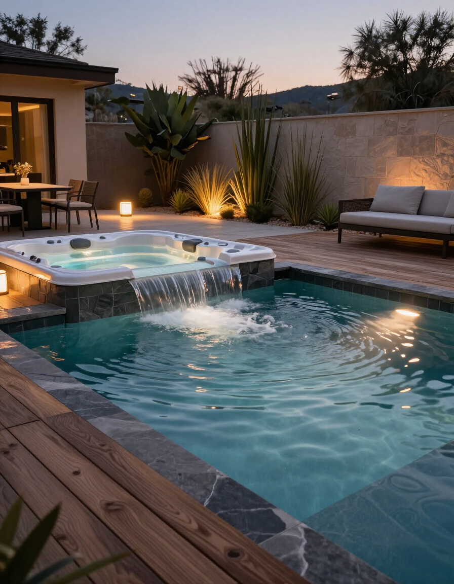 Modern backyard pool and spa at dusk with lit waterfall, lounge chairs, and warm ambient lighting