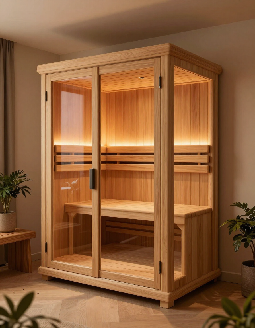 Wooden sauna cabin with glass doors and warm interior lighting in a cozy room