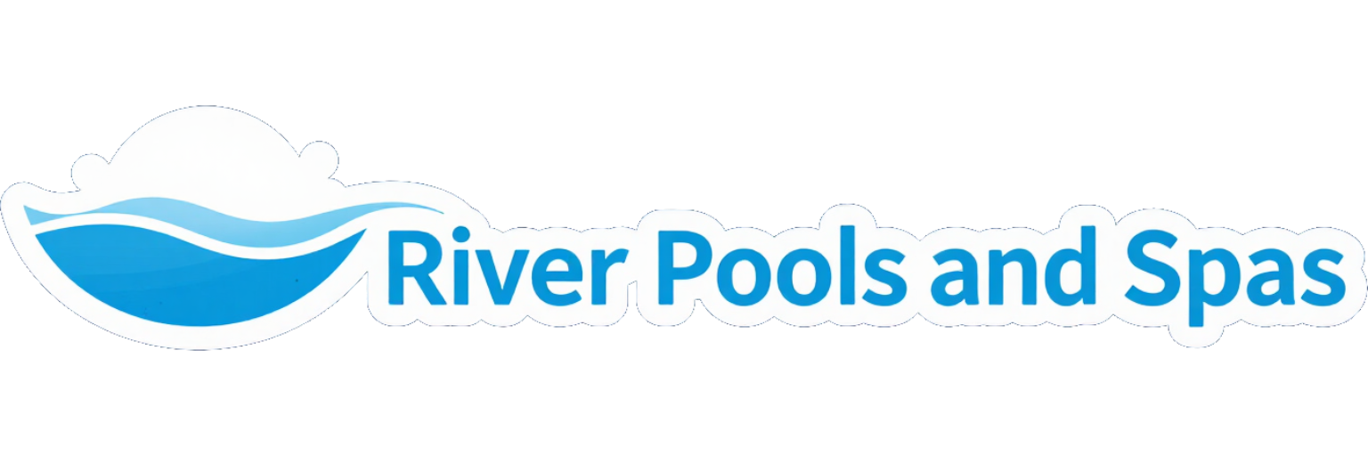 River Pools and Spas logo with blue water wave icon and text