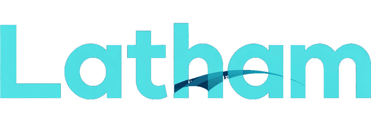 Turquoise “Latham” wordmark on a white background