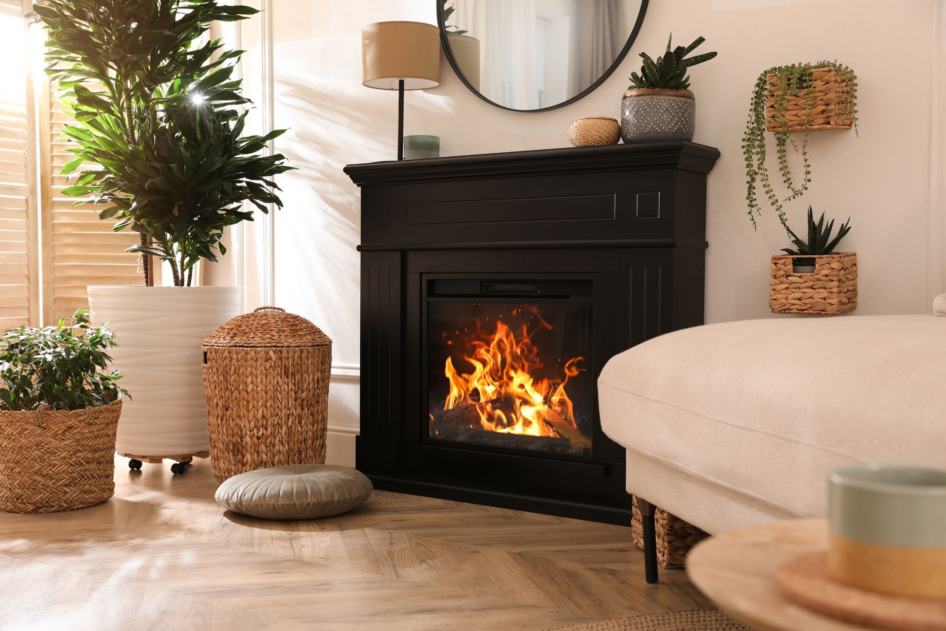 There is a fireplace in the corner of the living room.