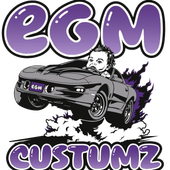 Logo for EGM Customz featuring a car jumping over smoke, with a person driving and purple bubble lettering.