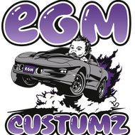Logo for EGM Customz featuring a car jumping over smoke, with a person driving and purple bubble lettering.