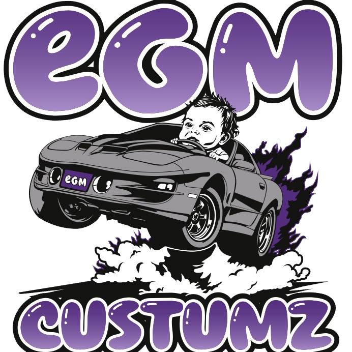 Logo for EGM Customz featuring a car jumping over smoke, with a person driving and purple bubble lettering.