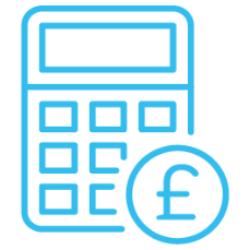 Blue calculator icon with a pound sterling symbol coin