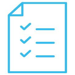 Blue checklist document icon with three checkmarks and lines on a white background