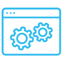 Blue browser window with two gear icons, suggesting settings or configuration
