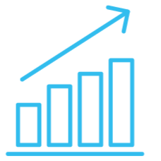 Blue upward trend chart with four rising bars and an arrow pointing up