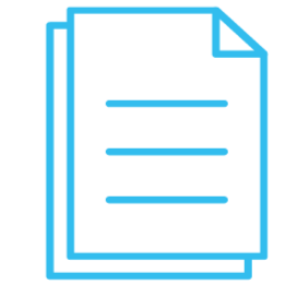 Blue outline icon of two stacked documents with lines on the front page