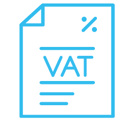 Blue VAT document icon with a percent symbol and folded corner