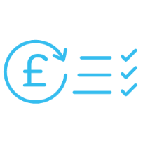 Blue pound symbol in a circular arrow with three check marks, suggesting finance or payments completed