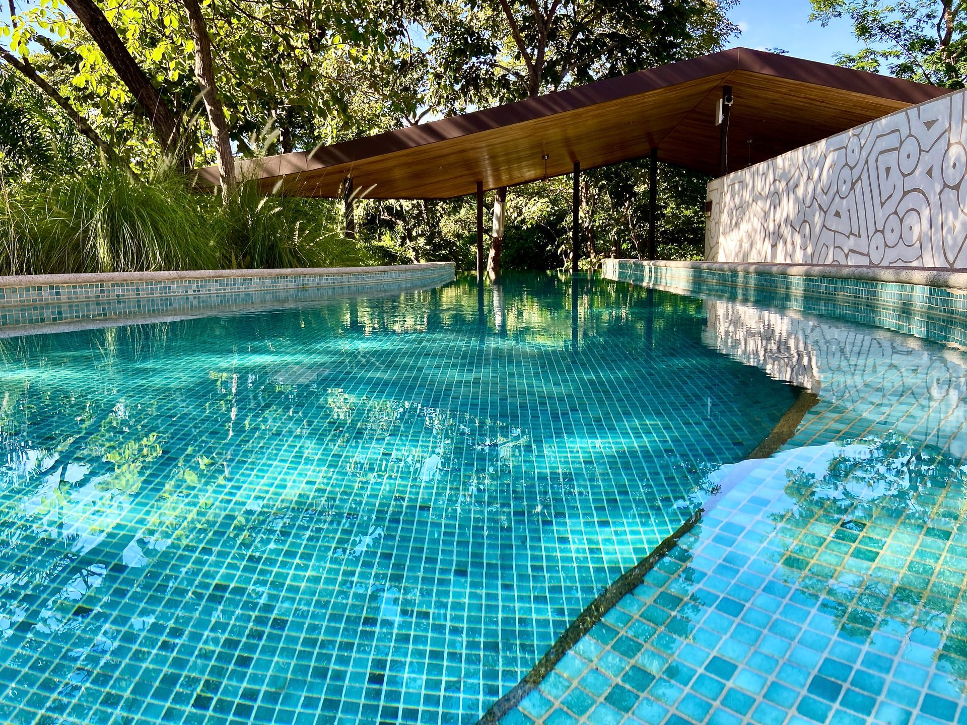 Swimming pool with turquoise tiled bottom, under a shaded structure; trees in background.