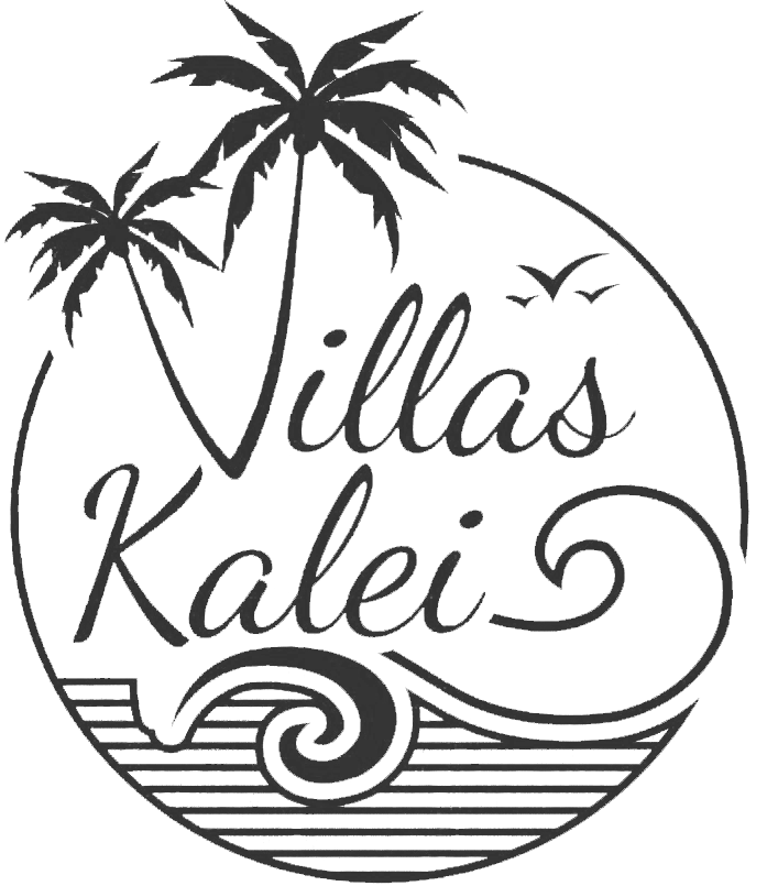 Logo for Villas Kalei with palm trees, ocean waves, and text within a circle.