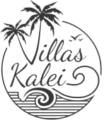Logo for Villas Kalei, tropical scene with palm trees, waves, and text within a circle.
