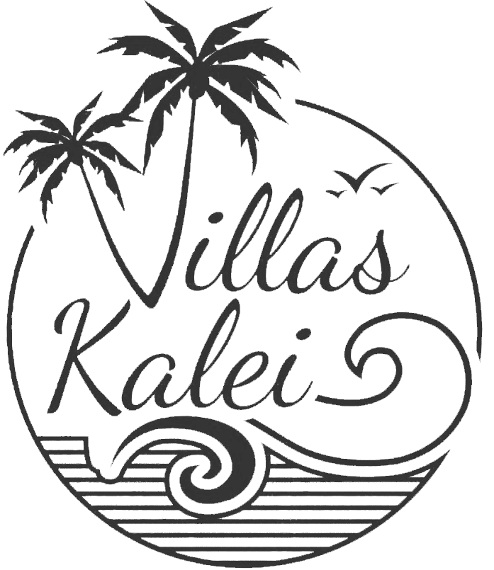 Logo for Villas Kalei, tropical scene with palm trees, waves, and text within a circle.