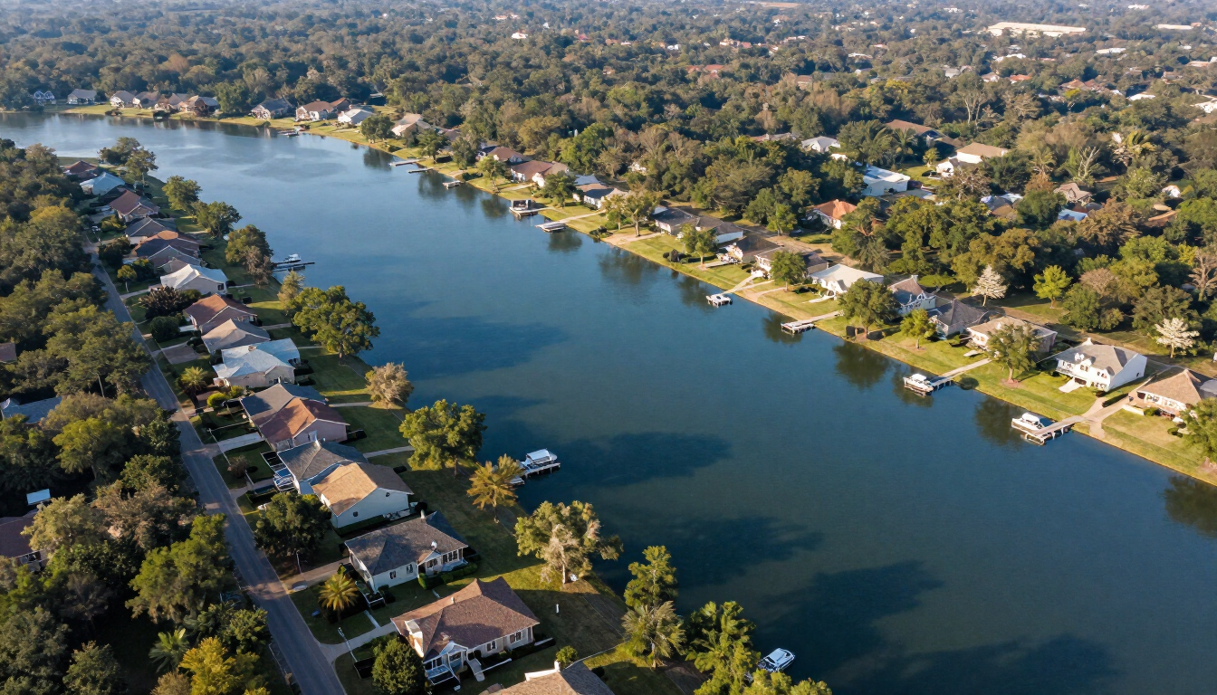 Aerial view of Cedar Creek Lake neighborhoods near Dallas