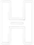 White outlined capital H with a horizontal dash in the center on a light background