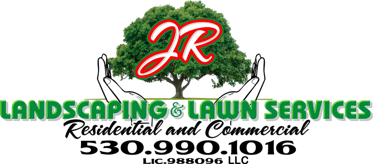 Logo for JR Landscaping & Lawn Services showing a tree held by hands with contact info 530.990.1016.