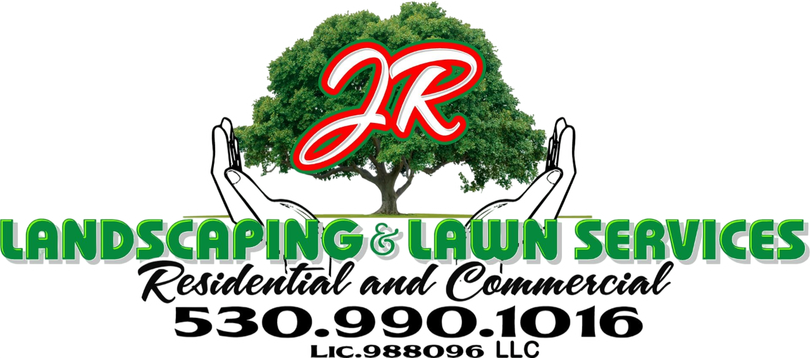 Logo for JR Landscaping & Lawn Services showing a tree held by hands with contact info 530.990.1016.