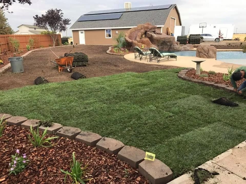 A person laying sod in a backyard next to a pool with a stone water feature, a patio, and a house with solar panels.
