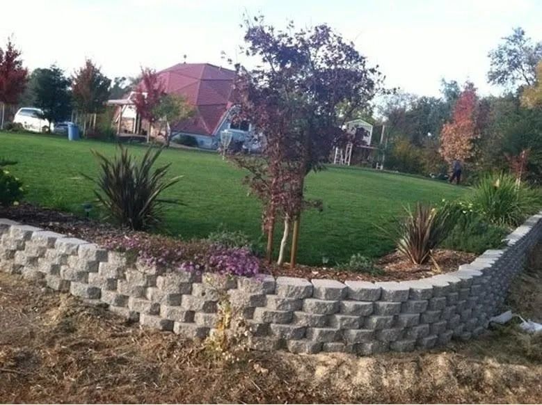 A grey tiered retaining wall borders a green lawn with a small tree, plants, and a red dome-shaped structure in the back.