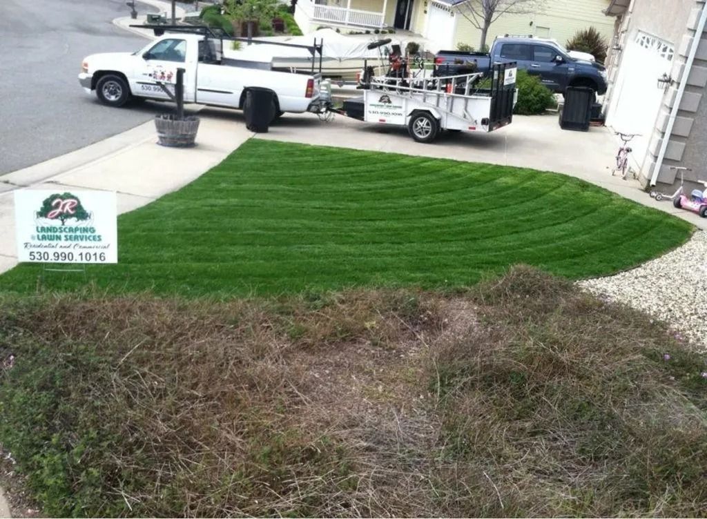 A freshly mowed, striped lawn in a residential yard next to a lawn service truck and trailer with a branded sign.