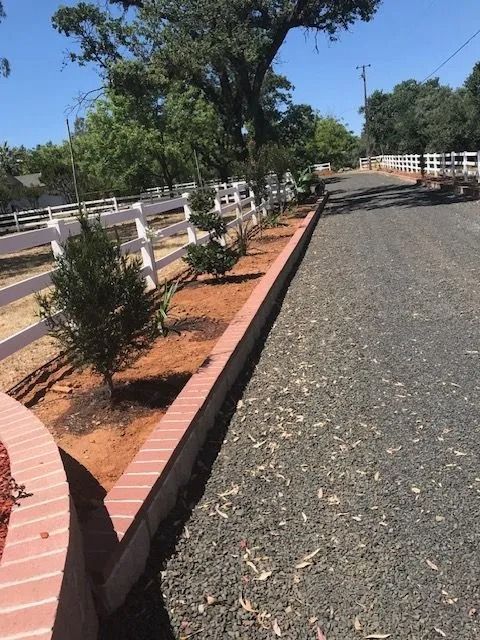 A gravel driveway lined with a brick retaining wall, small evergreen shrubs, and a white fence under a clear blue sky.