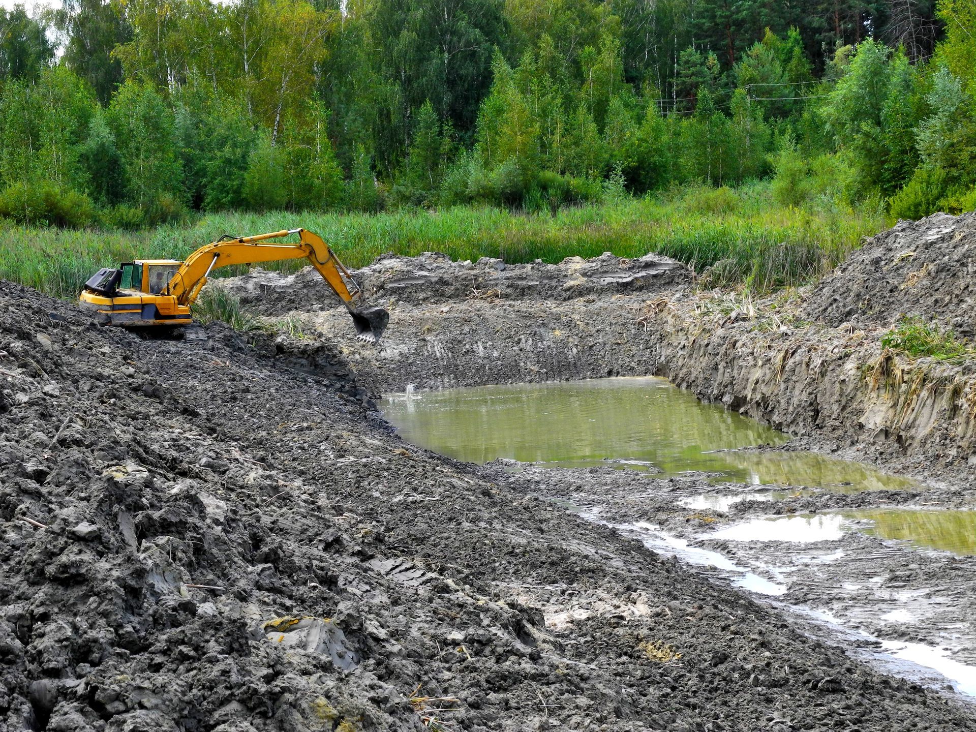 Yellow excavator digs in muddy bank next to small pool, with green trees in background.