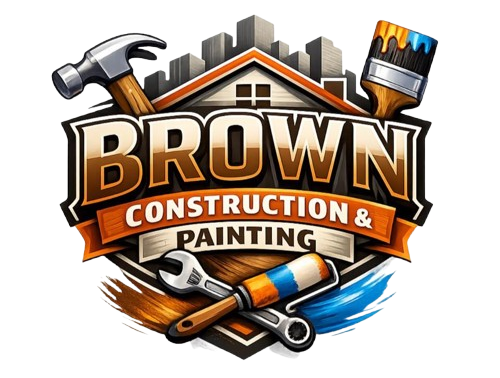 Brown Construction & Painting logo with hammer, paintbrush, and crossed tools in orange, black, and blue