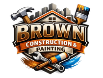 Brown Construction & Painting logo with hammer, paintbrush, and crossed tools in orange, black, and blue