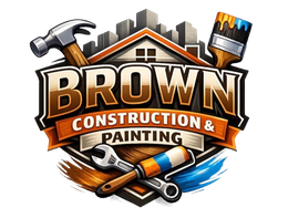 Brown Construction & Painting logo with hammer, paintbrush, and crossed tools in orange, black, and blue