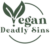 Green vegan logo with leaves and the words “Vegan Deadly Sins” in serif text