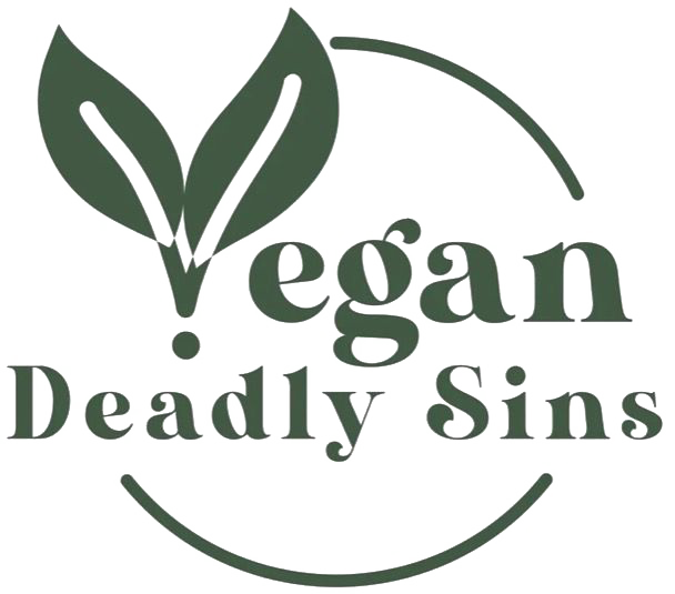 Green vegan logo with leaves and the words &ldquo;Vegan Deadly Sins&rdquo; in serif text