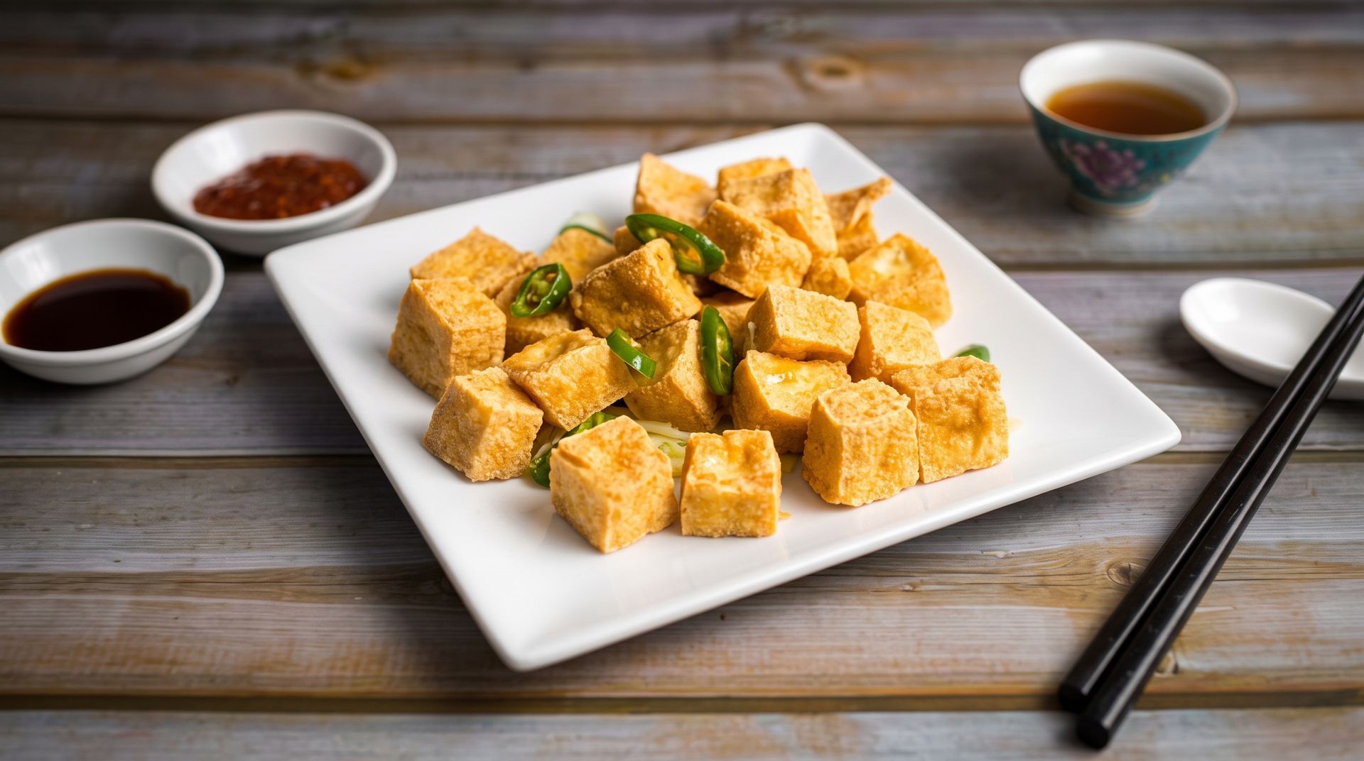 Tofu cubes on a white plate with dipping sauces and chopsticks on a rustic table