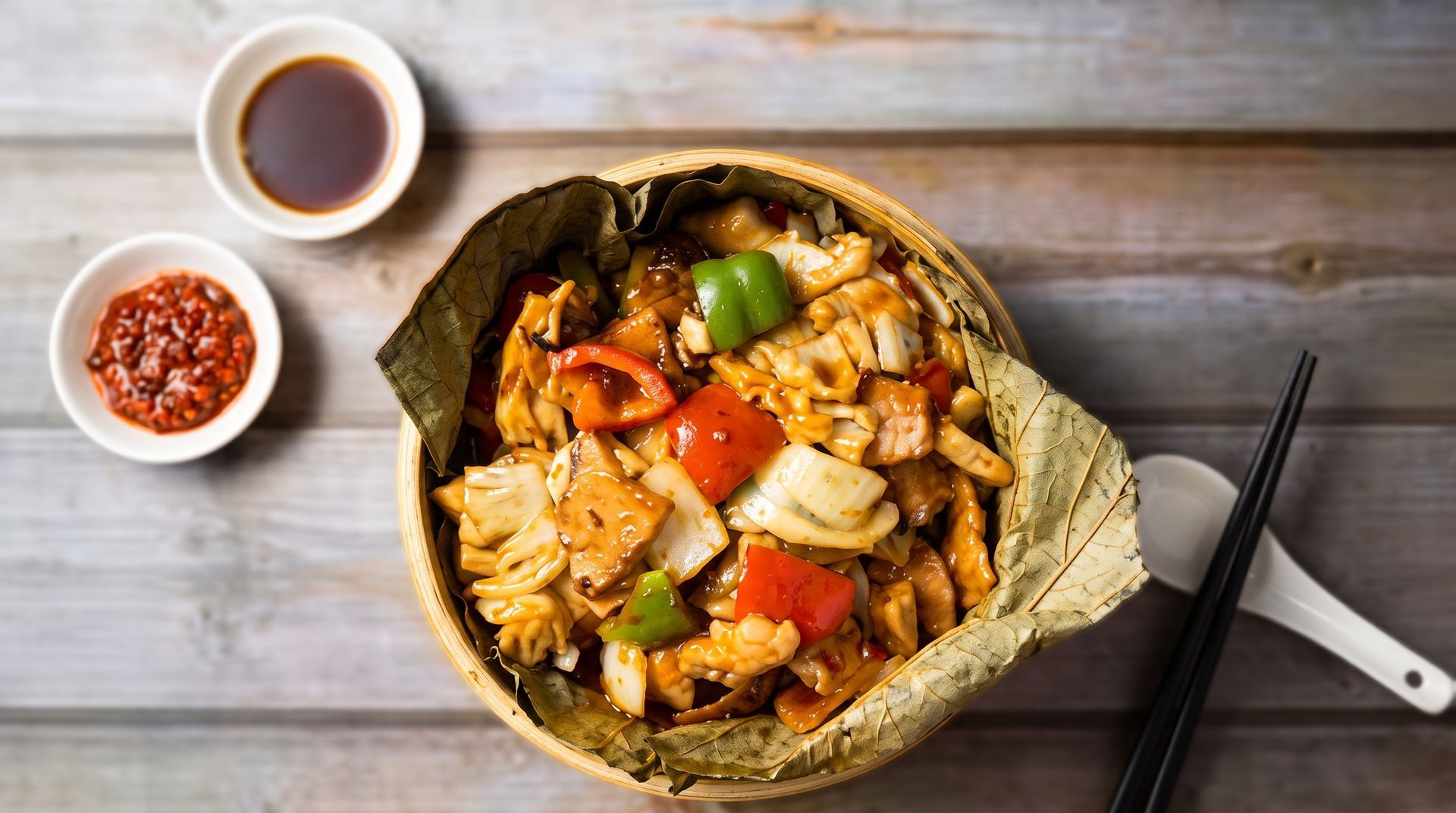 Rice bowl with tofu, vegetables, and sauce in a lined bowl, with chopsticks on a wooden table