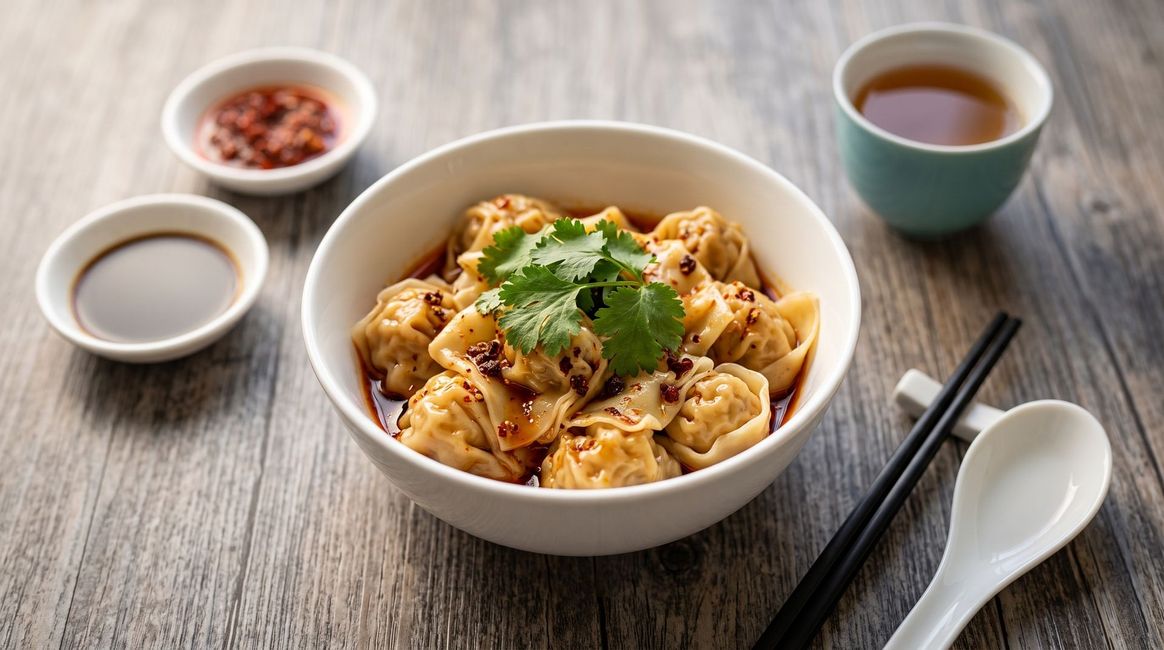 Bowl of noodles with herbs on a wooden table, with dipping sauces and chopsticks.