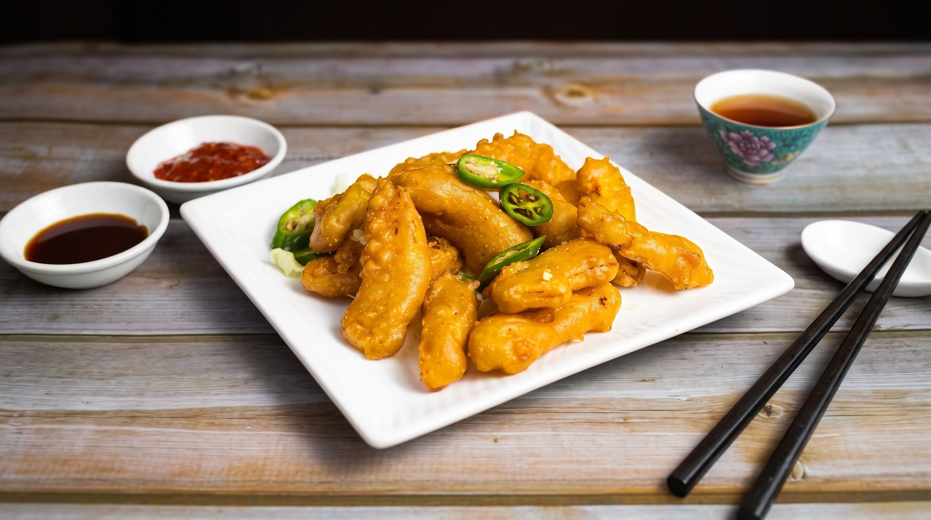 Plated golden fried chicken on a wooden table with dipping sauces and chopsticks