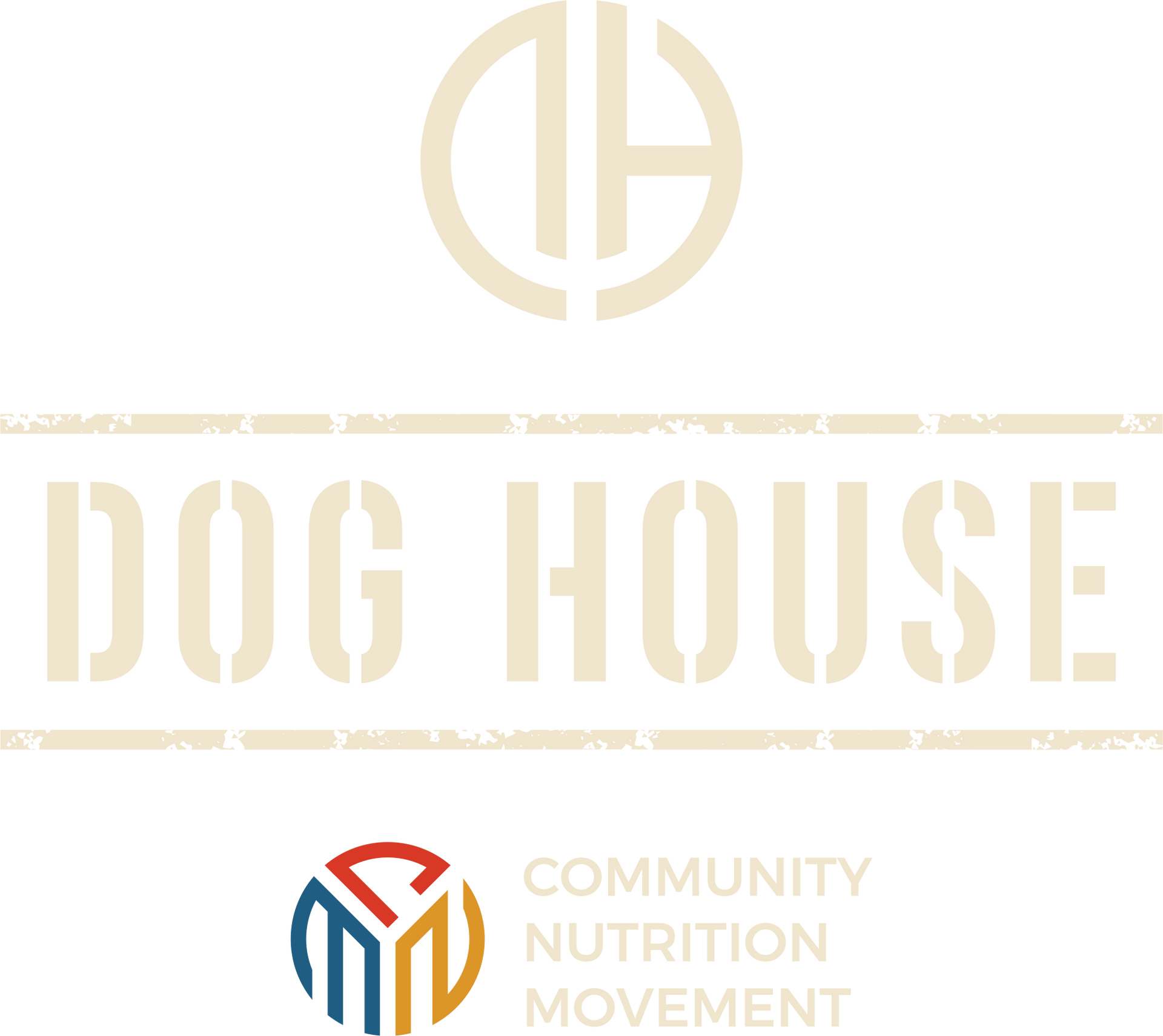 Logo for Dog House and Community Nutrition Movement. Features an upper design of initials and a lower logo with the words 