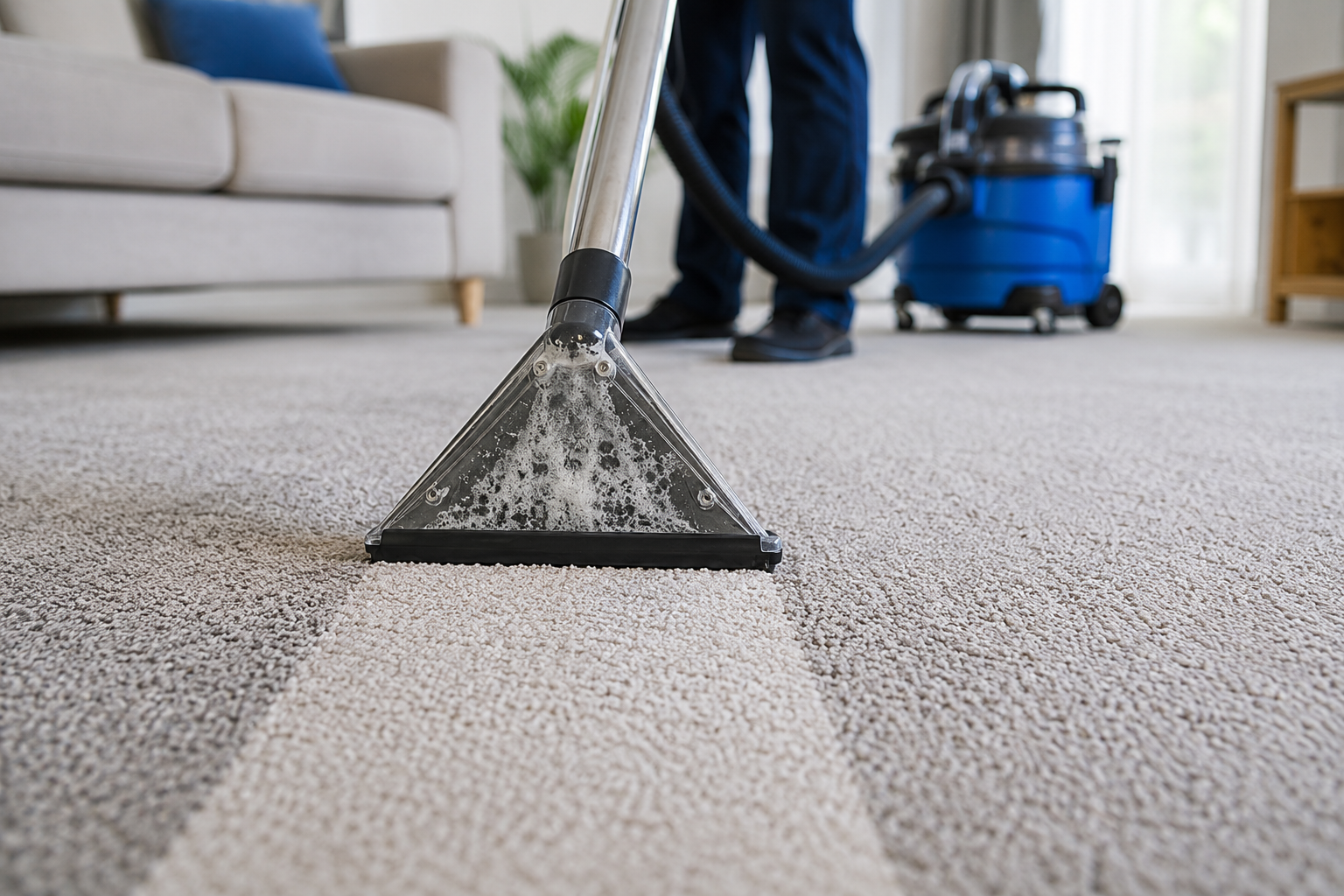 Carpet cleaner vacuuming a light gray rug in a living room
