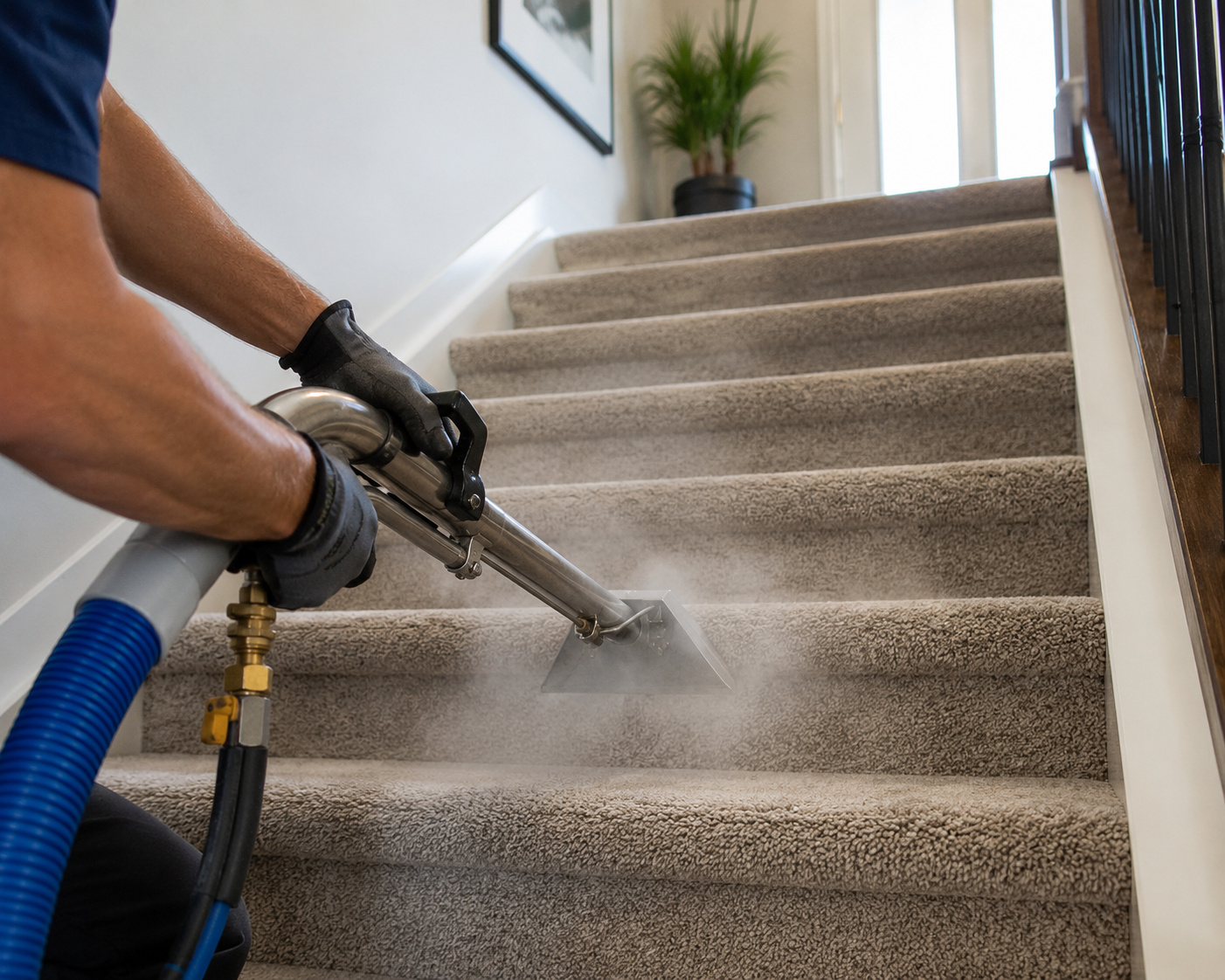 Person using a carpet cleaner on stairs in a bright home interior