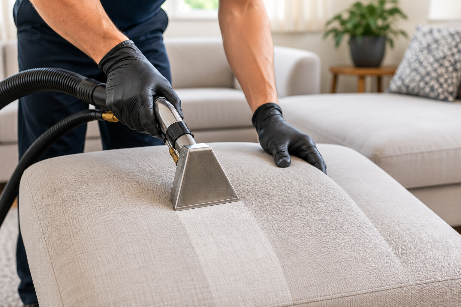 Person steam-cleans a light gray sofa with a handheld upholstery cleaner.