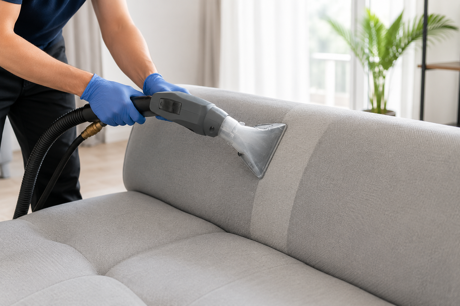 Person steam-cleans a gray sofa with a handheld upholstery cleaner.
