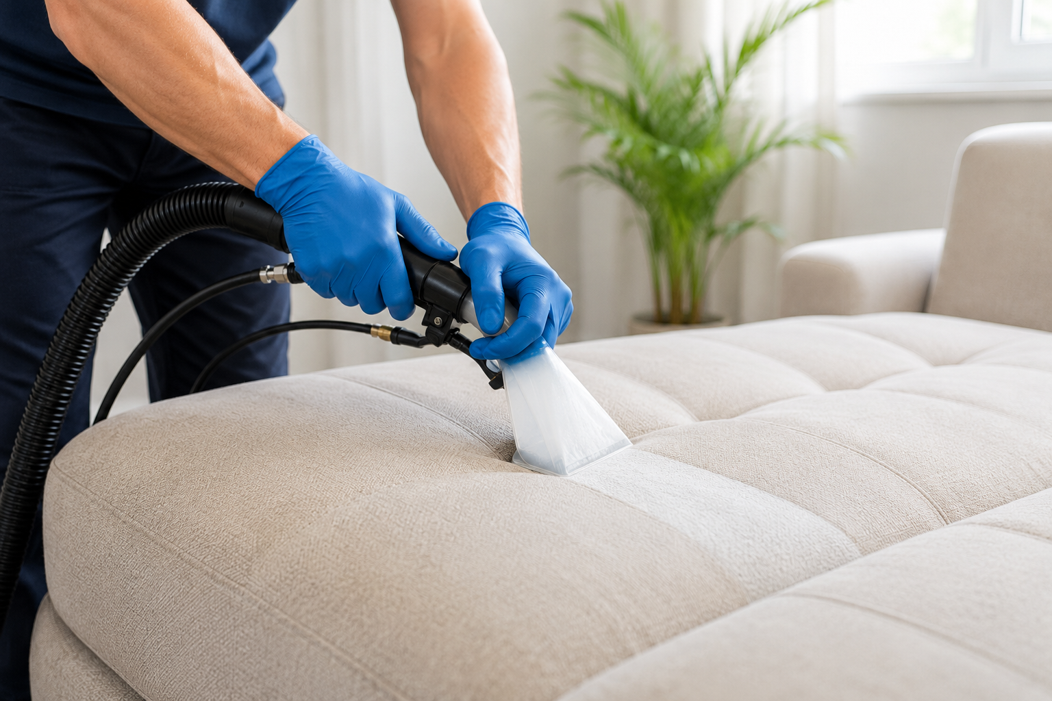 Technician steam-cleans a beige upholstered couch in a bright living room.